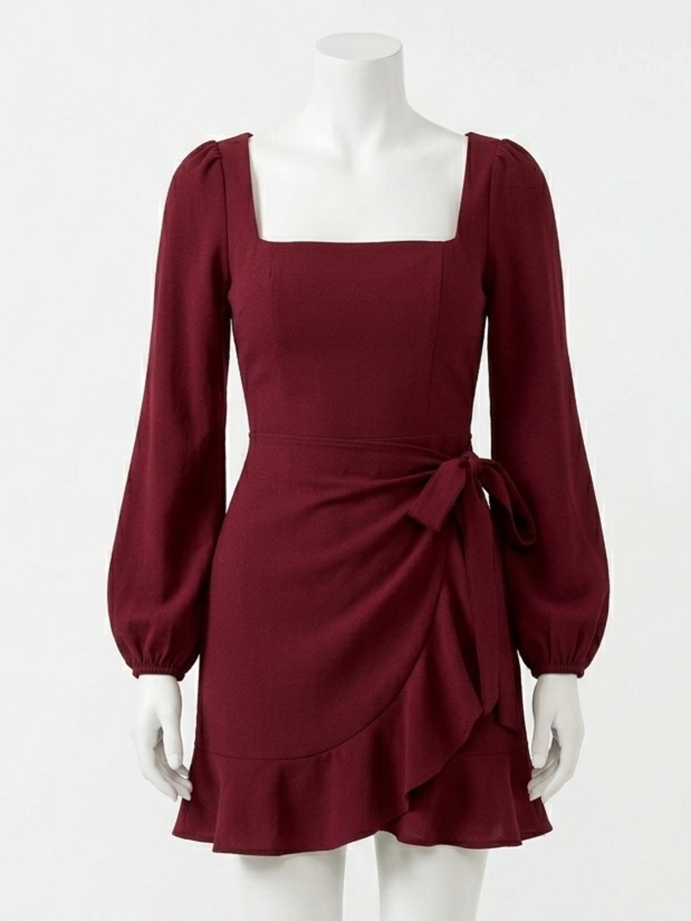 Princess Polly The Villa Burgundy Ruffle Wrap Tie Long Sleeves Mini Dress Size 4